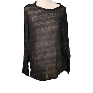 Mes Demoiselles black Sequin Sheer Striped Blouse Top Long Sleeve Crew Neck XL